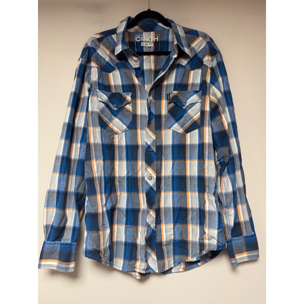 Cinch Western Shirt Mens Large Blue Orange Plaid Slim Fit Excellent Pearl Snap